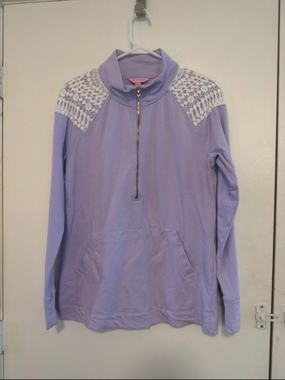 Lilly Pulitzer Lilac Half-Zip Pullover with White Crochet Shoulders